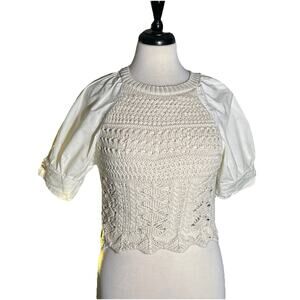 ZARA Ecru Open Knit Sweater Jumper with Short Shirt Sleeves Size M